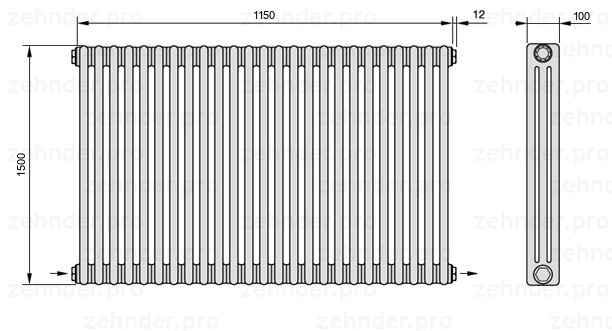 Схема (чертеж) Радиатор Zehnder Charleston 3150/25 №2670 Белый глянцевый RAL 9016
